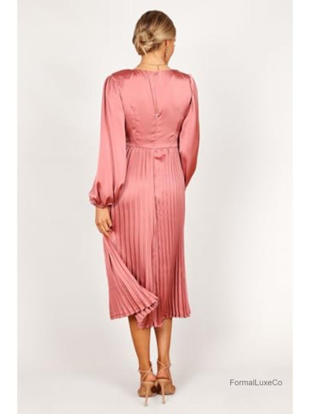 Petal & Pup Noelle Twist Front Pleated Midi Dress Long Sleeve V-Neck - Picture 3 of 5